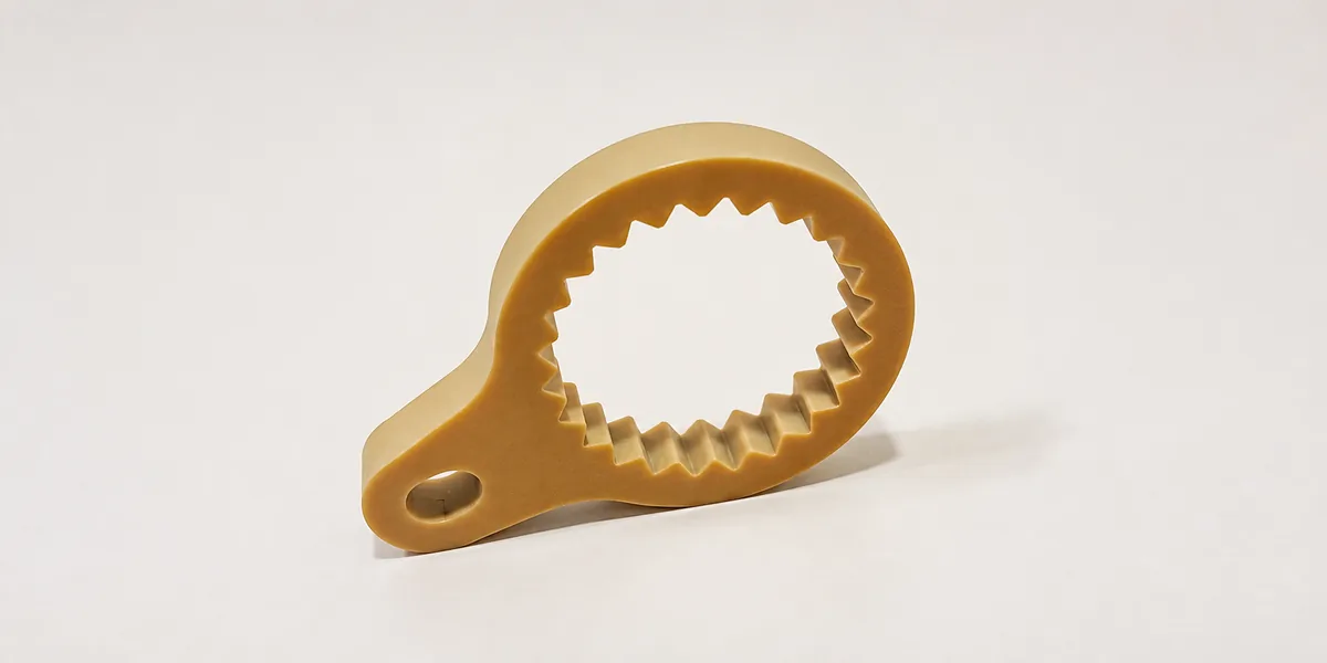 Verzahnter Ring aus hellem Verbundwerkstoff mit Griff, 2D geschnitten.