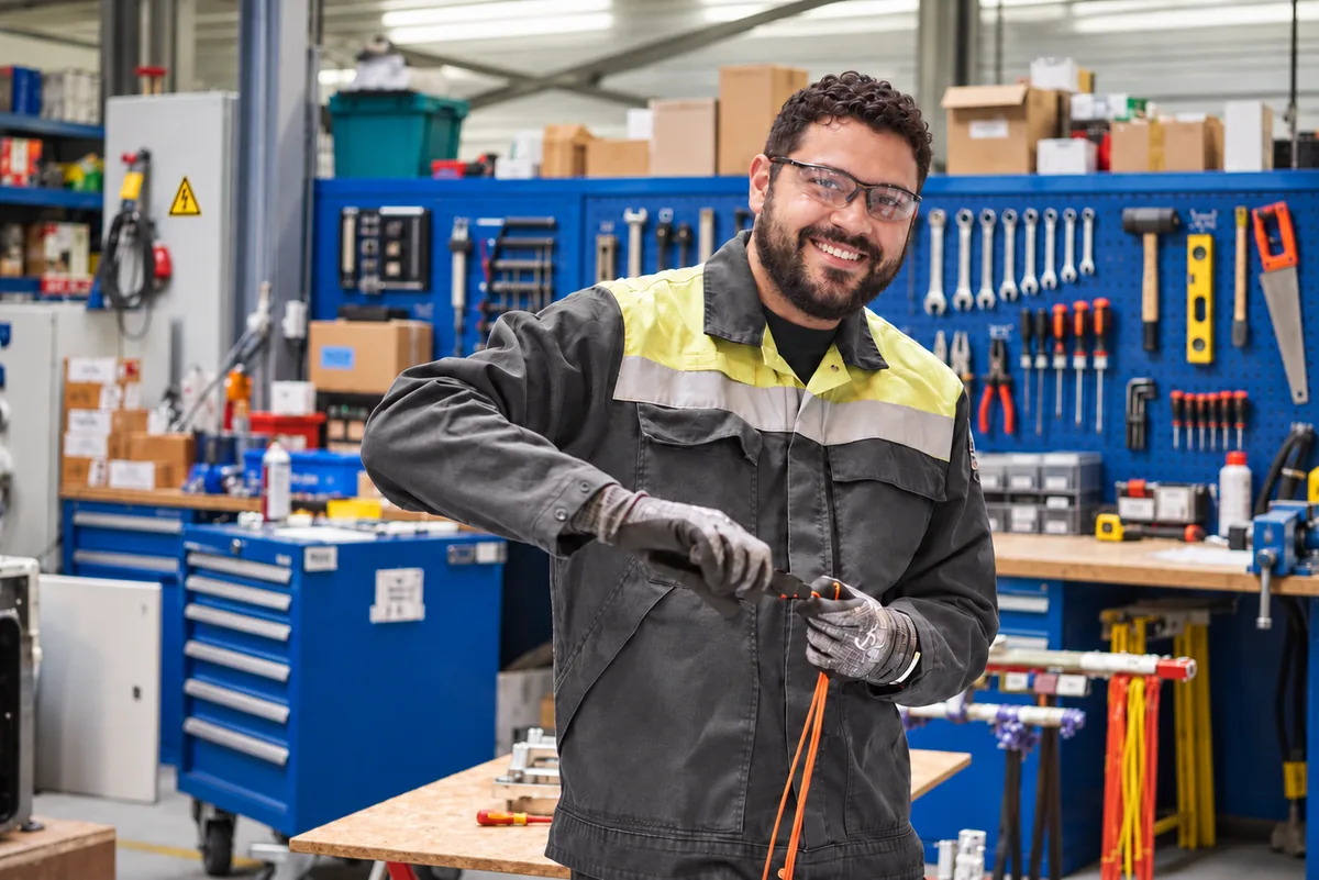 Monteur aan de werkbank in een reparatiewerkplaats, met gereedschapswand en ladekasten.