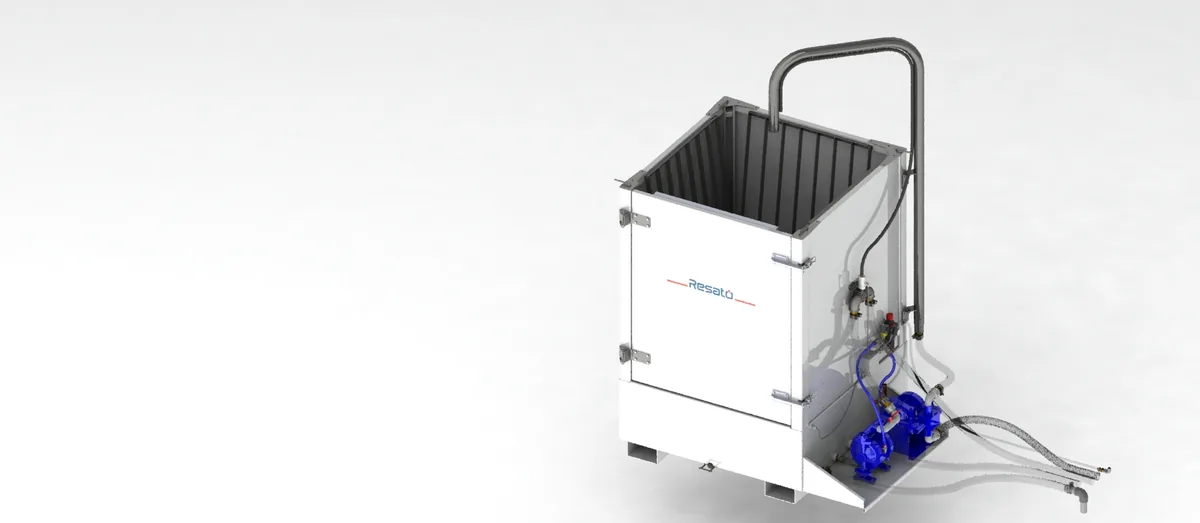 Le système d'évacuation d'abrasif RS3 avec bac de collecte et raccords, détouré.